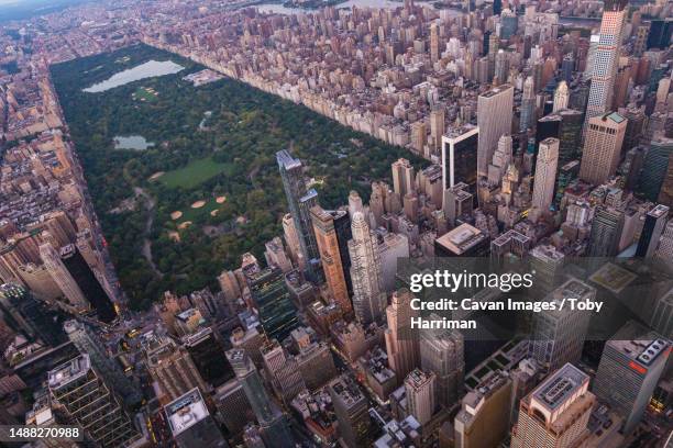 central park new york city aerial dusk - vertigine foto e immagini stock