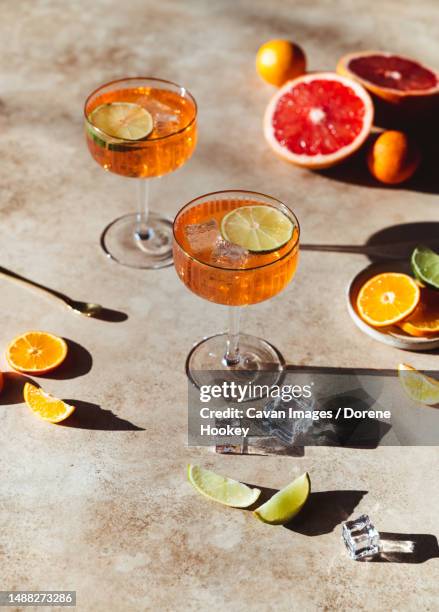 close up of two paloma spritz drinks on sunny beige background - aperitif soda photos et images de collection