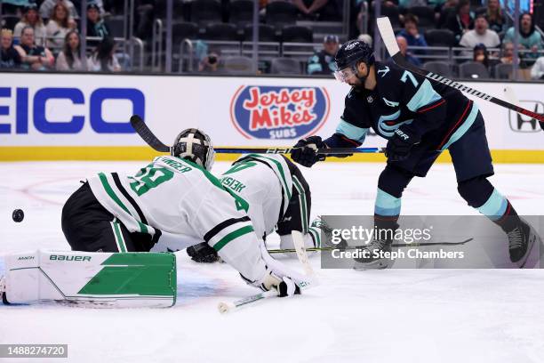 Jordan Eberle of the Seattle Kraken scores against Jake Oettinger of the Dallas Stars during the second period in Game Three of the Second Round of...