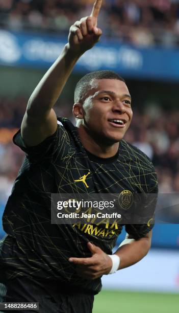 Kylian Mbappe of PSG celebrates his goal during the Ligue 1 Uber Eats match between ESTAC Troyes and Paris Saint-Germain at Stade de l'Aube on May 7,...