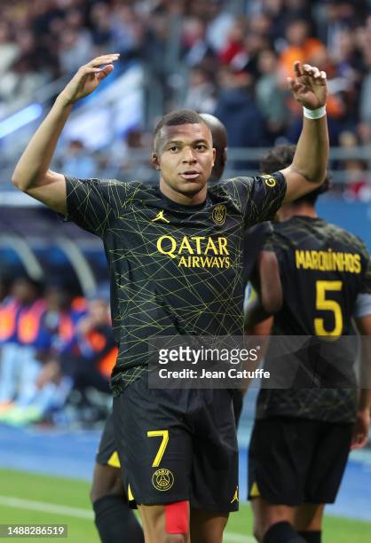 Kylian Mbappe of PSG celebrates his goal during the Ligue 1 Uber Eats match between ESTAC Troyes and Paris Saint-Germain at Stade de l'Aube on May 7,...