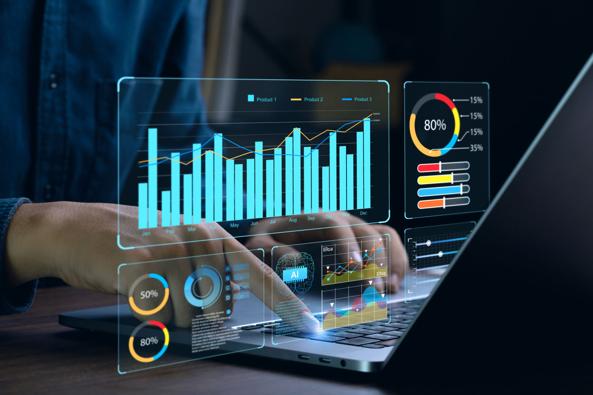Businessman works on laptop Showing business analytics dashboard with charts, metrics, and KPI to analyze performance and create insight reports for operations management. Data analysis concept.Ai Businessman works on laptop Showing business analytics dashboard with charts, metrics, and KPI to analyze performance and create insight reports for operations management. Data analysis concept.Ai