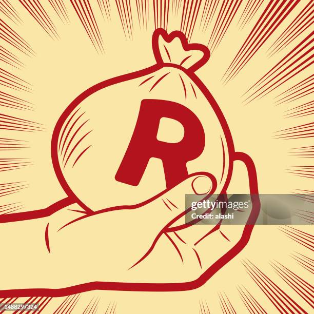 a hand holding a money bag in the background with radial manga speed lines - south african currency stock illustrations