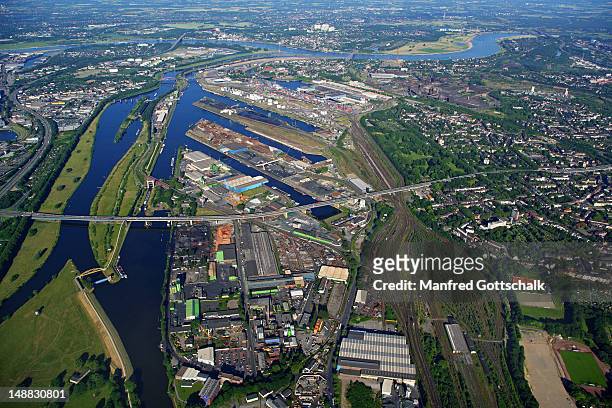 aerial view of city harbour at duisburg-ruhrort, confluence of rhine and ruhr rivers. - duisburg stock pictures, royalty-free photos & images