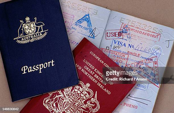 australian & european union passports. - australia passport stockfoto's en -beelden