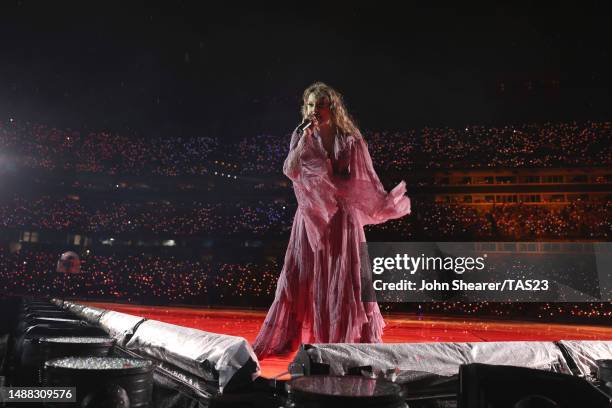 Taylor Swift performs onstage for night three of Taylor Swift | The Eras Tour at Nissan Stadium on May 07, 2023 in Nashville, Tennessee.