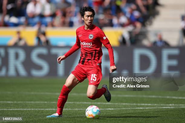 Daichi Kamada of Eintracht Frankfurt controls the ball during the Bundesliga match between TSG Hoffenheim and Eintracht Frankfurt at PreZero-Arena on...