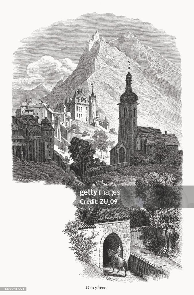 Gruyères, Switzerland, wood engraving, published in 1877