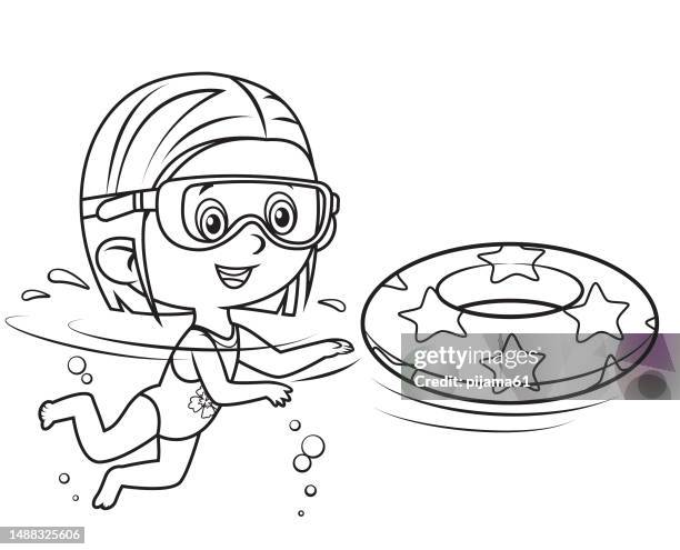 nette schwimmerin im schwimmbad oder meer. - ausmalen stock-grafiken, -clipart, -cartoons und -symbole