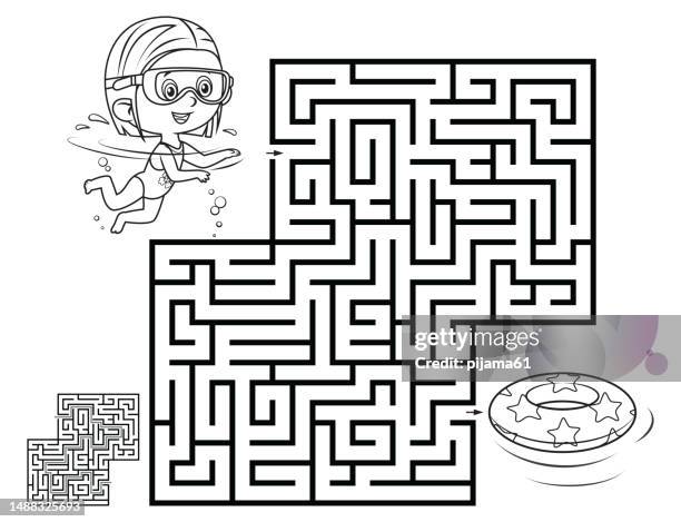 labyrinth-spiel für kinder. kleine schwimmerin im schwimmbad oder meer. - kids pool games stock-grafiken, -clipart, -cartoons und -symbole