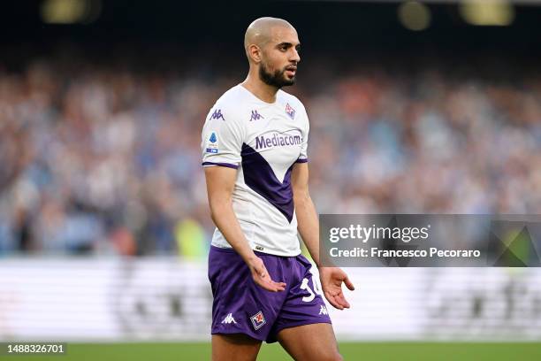 Sofyan Amrabat of ACF Fiorentina during the Serie A match between SSC Napoli and ACF Fiorentina at Stadio Diego Armando Maradona on May 07, 2023 in...