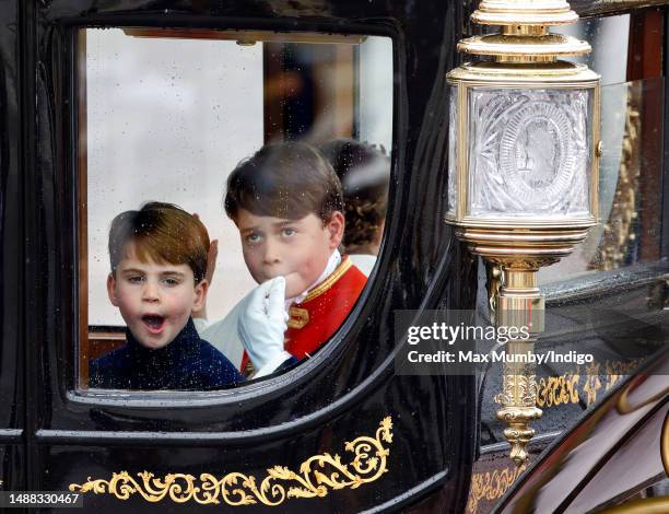 Prince Louis of Wales and Prince George of Wales return to Buckingham Palace in The Australian State Coach following King Charles III's and Queen...