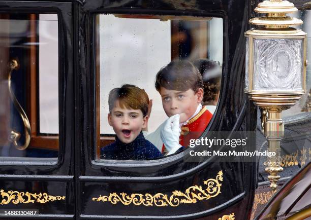 Prince Louis of Wales and Prince George of Wales return to Buckingham Palace in The Australian State Coach following King Charles III's and Queen...