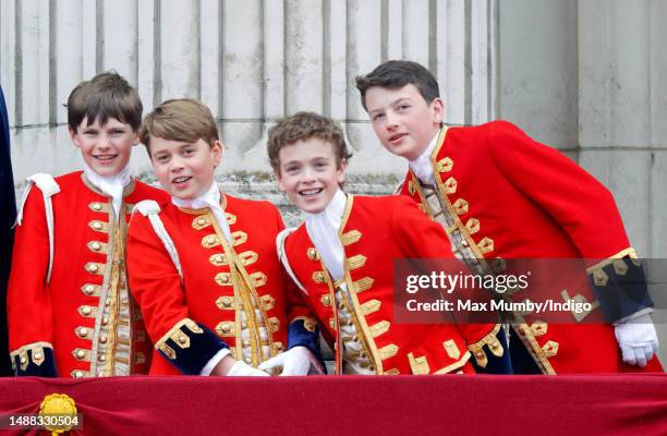 Page of Honour Ralph Tollemache, Prince George of Wales , Page of Honour Lord Oliver Cholmondeley and Page of Honour Nicholas Barclay watch an RAF...