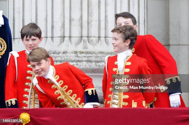 Page of Honour Ralph Tollemache, Prince George of Wales , Page of Honour Lord Oliver Cholmondeley and Page of Honour Nicholas Barclay watch an RAF...