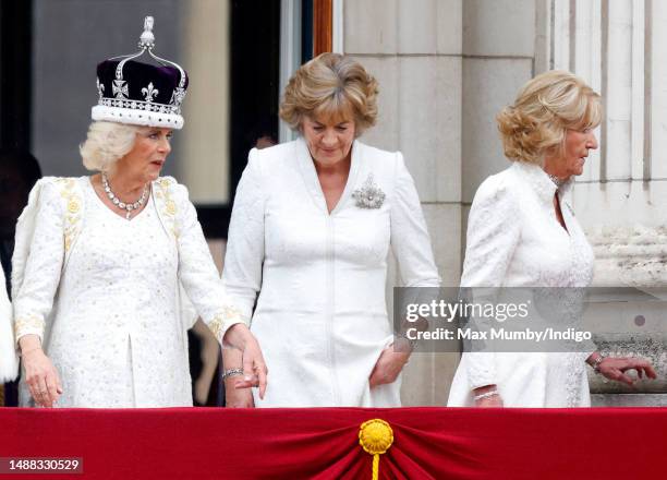 Queen Camilla, The Queen's Companion Fiona Shelburne, Marchioness of Lansdowne and The Queen's Companion Annabel Elliot watch an RAF flypast from the...
