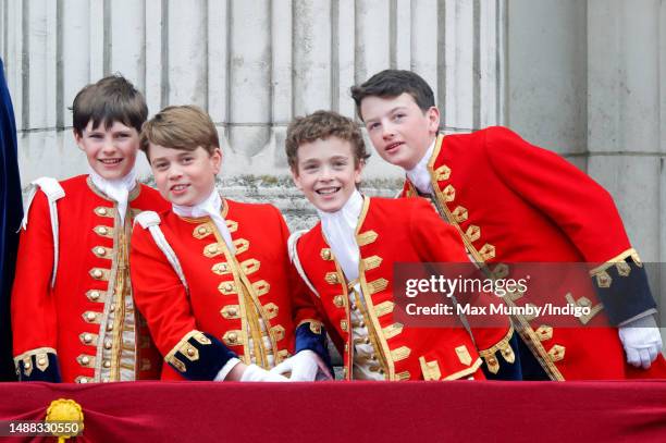 Page of Honour Ralph Tollemache, Prince George of Wales , Page of Honour Lord Oliver Cholmondeley and Page of Honour Nicholas Barclay watch an RAF...