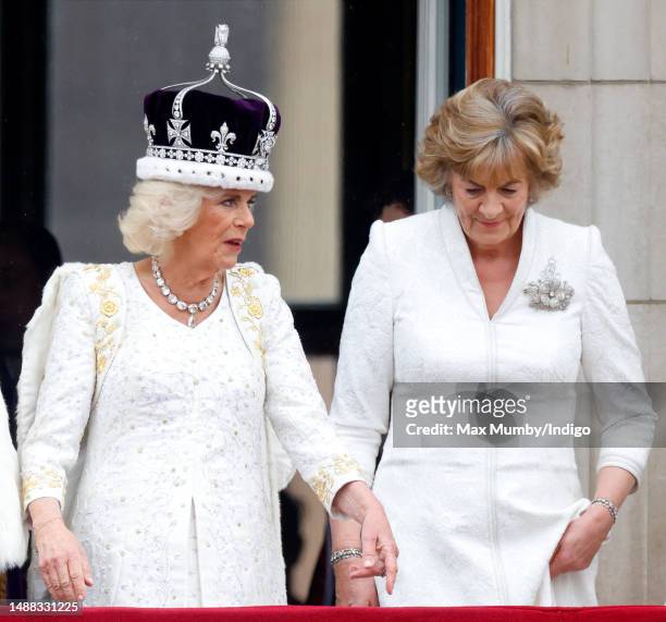 Queen Camilla and The Queen's Companion Fiona Shelburne, Marchioness of Lansdowne watch an RAF flypast from the balcony of Buckingham Palace...