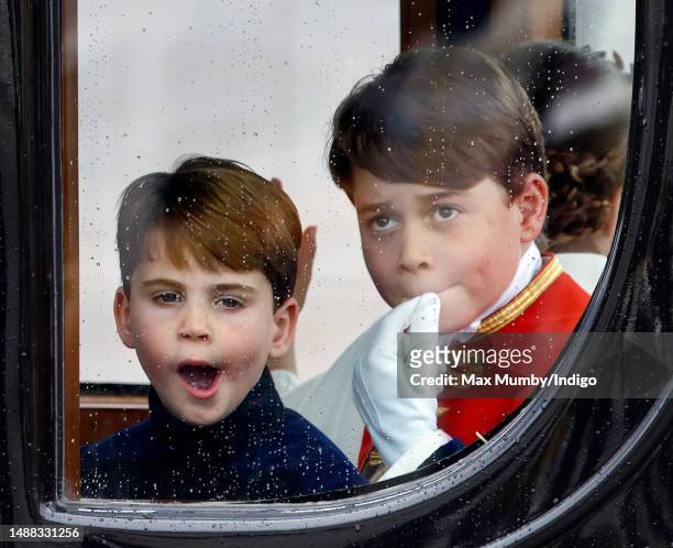 Prince Louis of Wales and Prince George of Wales return to Buckingham Palace in The Australian State Coach following King Charles III's and Queen...