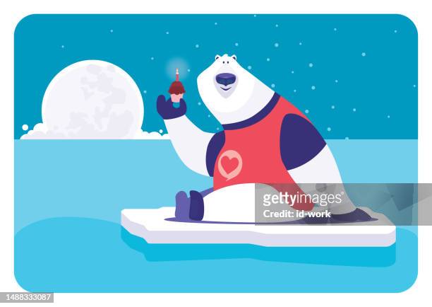 ilustraciones, imágenes clip art, dibujos animados e iconos de stock de alegre oso polar sentado en témpano de hielo y sosteniendo magdalenas - cupcake holder