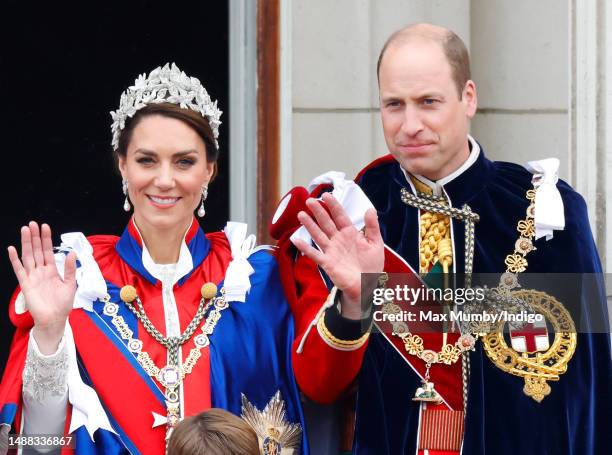 Catherine, Princess of Wales and Prince William, Prince of Wales watch an RAF flypast from the balcony of Buckingham Palace following the Coronation...