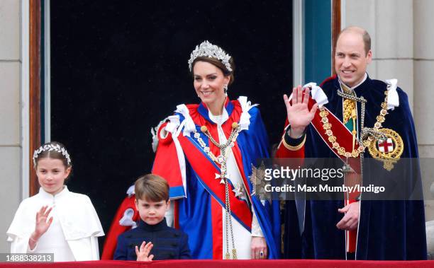 Princess Charlotte of Wales, Prince Louis of Wales, Catherine, Princess of Wales and Prince William, Prince of Wales watch an RAF flypast from the...