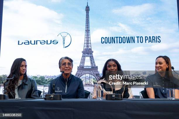 Rayssa Leal, Nawal El Moutawakel, Shelly-Ann Fraser-Pryce and Jessica Ennis-Hill attend the Olympic Gold - Laureus & Paris 2024 press conference...