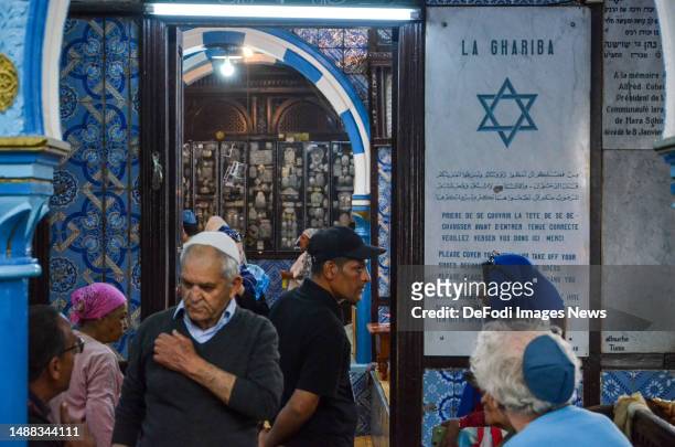 Jewish pilgrims at the Ghriba synagogue in Tunisia's southern resort island of Djerba on May 08, 2023 during the annual Jewish pilgrimage to the...