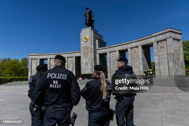 Police guards at Soviet War Memorial Tiergarten on day to commemorate the 1945 liberation of Germany from fascism and the end of World War II on VE...