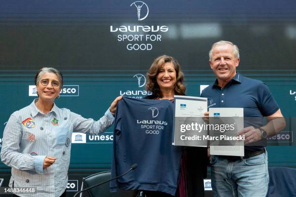 Nawal El Moutawakel, Gabriela Ramos and Sean Fitzpatrick attend the Laureus & UNESCO Mou signing ahead of the 2023 Laureus World Sport Awards Paris...