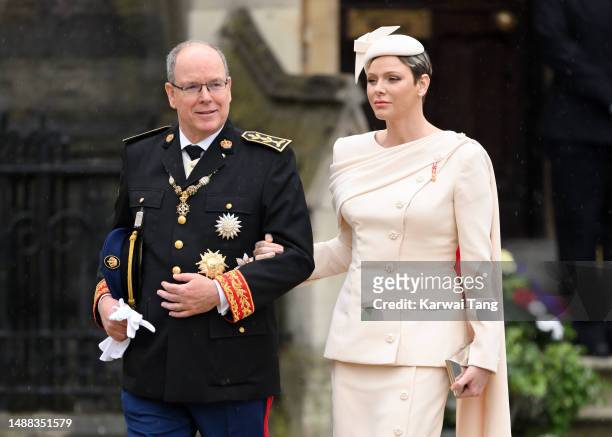 Albert II, Prince of Monaco and Charlene, Princess of Monaco arrive at Westminster Abbey for the Coronation of King Charles III and Queen Camilla on...