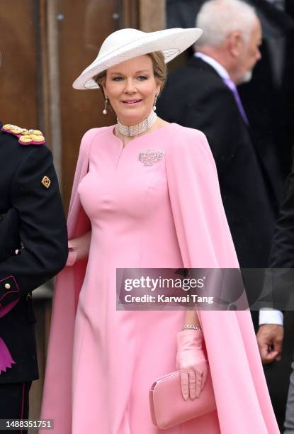 Queen Mathilde of Belgium arrives at Westminster Abbey for the Coronation of King Charles III and Queen Camilla on May 06, 2023 in London, England....