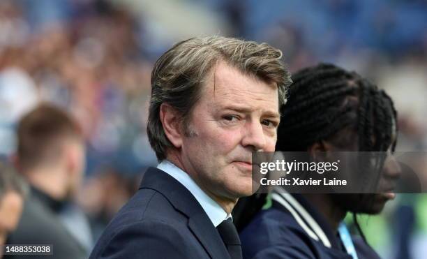 French politician, Francois Baroin attends the Ligue 1 match between ESTAC Troyes and Paris Saint-Germain at Stade de l'Aube on May 07, 2023 in...