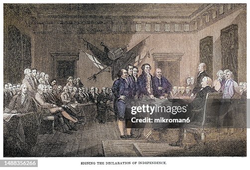 Old engraved illustration of The signing of the United States Declaration of Independence occurred primarily on August 2, 1776 at the Pennsylvania State House, Independence Hall in Philadelphia, Pennsylvania Old engraved illustration of The signing of the United States Declaration of Independence occurred primarily on August 2, 1776 at the Pennsylvania State House, Independence Hall in Philadelphia, Pennsylvania