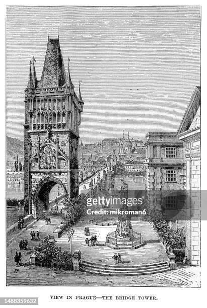 old engraved illustration of the charles bridge with hradcany in prague czech republic - prague river stock pictures, royalty-free photos & images