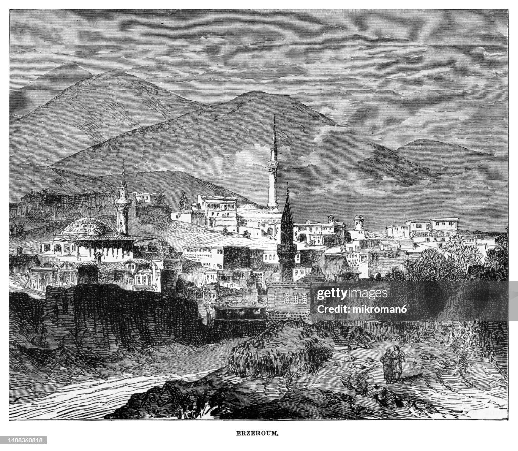 Old engraved illustration of the Erzurum, a city in eastern Anatolia, Turkey (the largest city and capital of Erzurum Province)