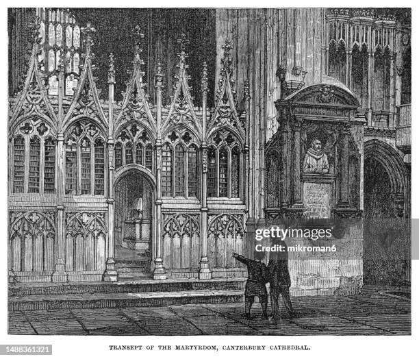old engraved illustration of transept of martyrdom - cathedral and metropolitical church of christ at canterbury canterbury or cathedral in canterbury, kent, (part of a world heritage site) - christ-church-cathedral-ireland stock pictures, royalty-free photos & images