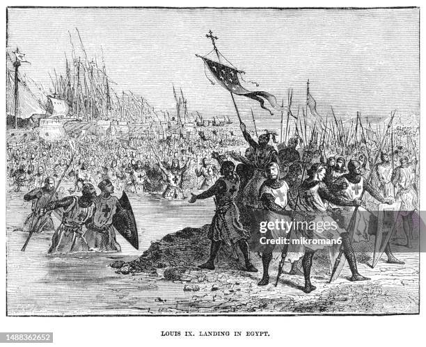 old engraved illustration of louis ix of france, saint louis or louis the saint, king of france from 1226 to 1270 landing in egypt - ix stock pictures, royalty-free photos & images