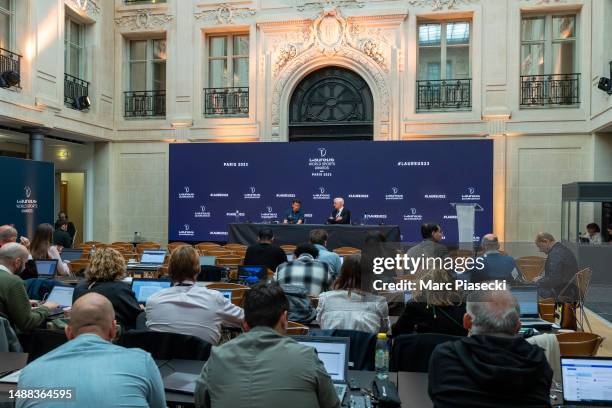 Lord Sebastian Coe and a guest attend a press conference ahead of the 2023 Laureus World Sport Awards Paris at Salles des Tirages on May 08, 2023 in...