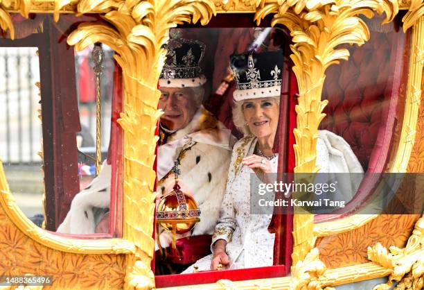 King Charles III and Queen Camilla travelling in the Gold State Coach built in 1760 and used at every Coronation since that of William IV in 1831sets...