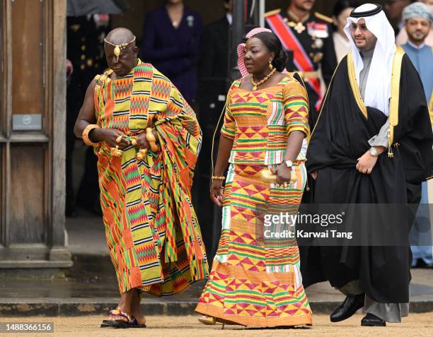 His Majesty Otumfuo Osei Tutu II, Asantehene, King of the Ashanti Kingdom and Lady Julia Osei Tutu arrive at Westminster Abbey for the Coronation of...