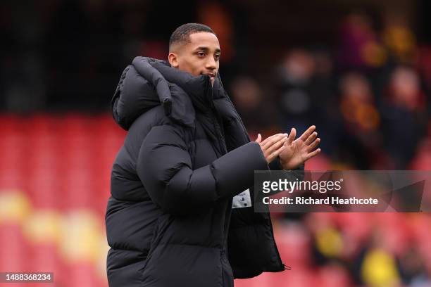 Joao Pedro of Watford, who will join Brighton & Hove Albion in the Summer Transfer Window, applauds the fans prior to the Sky Bet Championship...