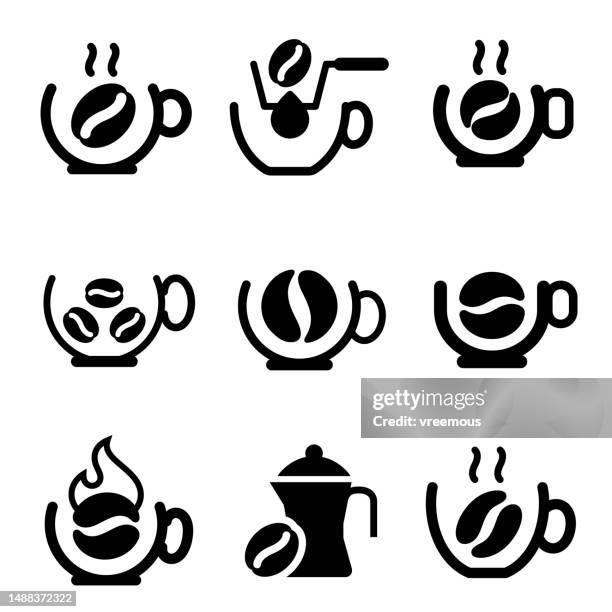 coffee cups with coffee beans icons - filter coffee stock illustrations