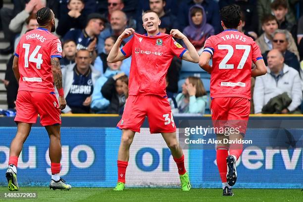 Adam Wharton of Blackburn Rovers celebrates after scoring the team's first goal during the Sky Bet Championship between Millwall and Blackburn Rovers...