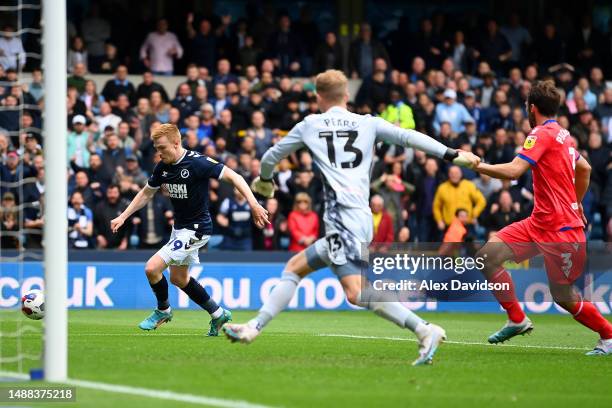 Duncan Watmore of Millwall scores the team's second goal during the Sky Bet Championship between Millwall and Blackburn Rovers at The Den on May 08,...