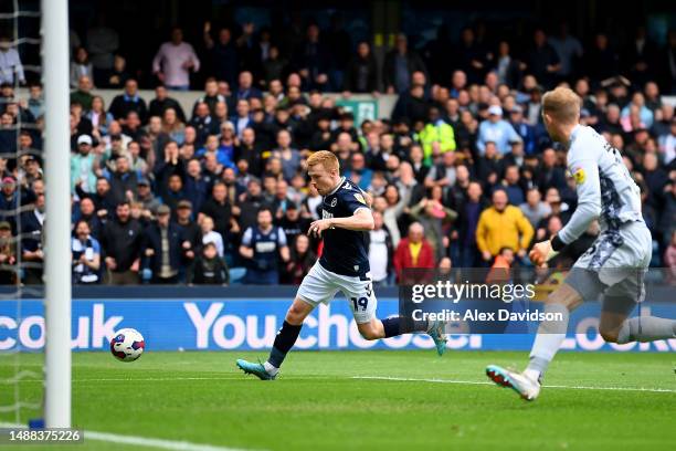 Duncan Watmore of Millwall scores the team's second goal during the Sky Bet Championship between Millwall and Blackburn Rovers at The Den on May 08,...