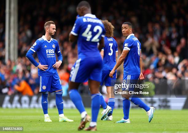 James Maddison and Youri Tielemans of Leicester City looks dejected after Tom Cairney of Fulham scores the team's third goal during the Premier...