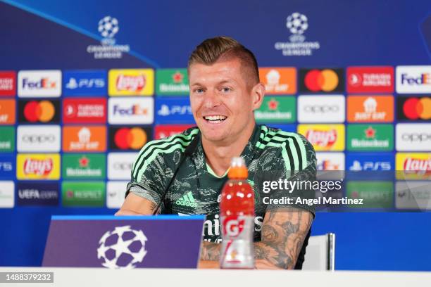 Toni Kroos of Real Madrid speaks to the media during a press conference ahead of their UEFA Champions League semi-final first leg match against...