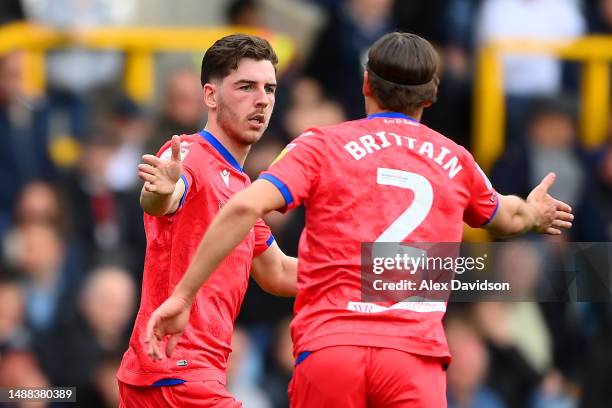 Joseph Rankin-Costello of Blackburn Rovers celebrates after scoring the team's second goal with teammate Callum Brittain during the Sky Bet...