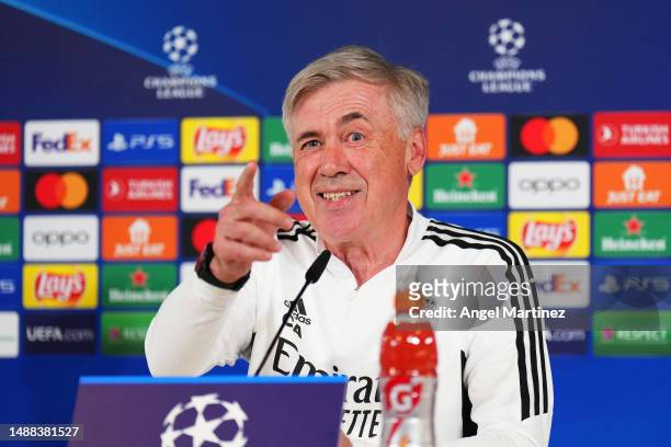 Carlo Ancelotti, Head coach of Real Madrid speaks to the media during a press conference ahead of their UEFA Champions League semi-final first leg...